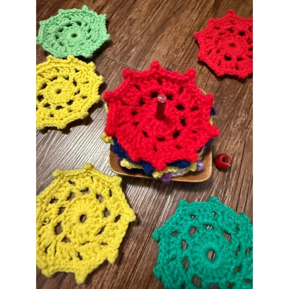 Vintage Handmade Crochet Coaster Set 9 pc Rainbow Star with Wooden Spindle Base